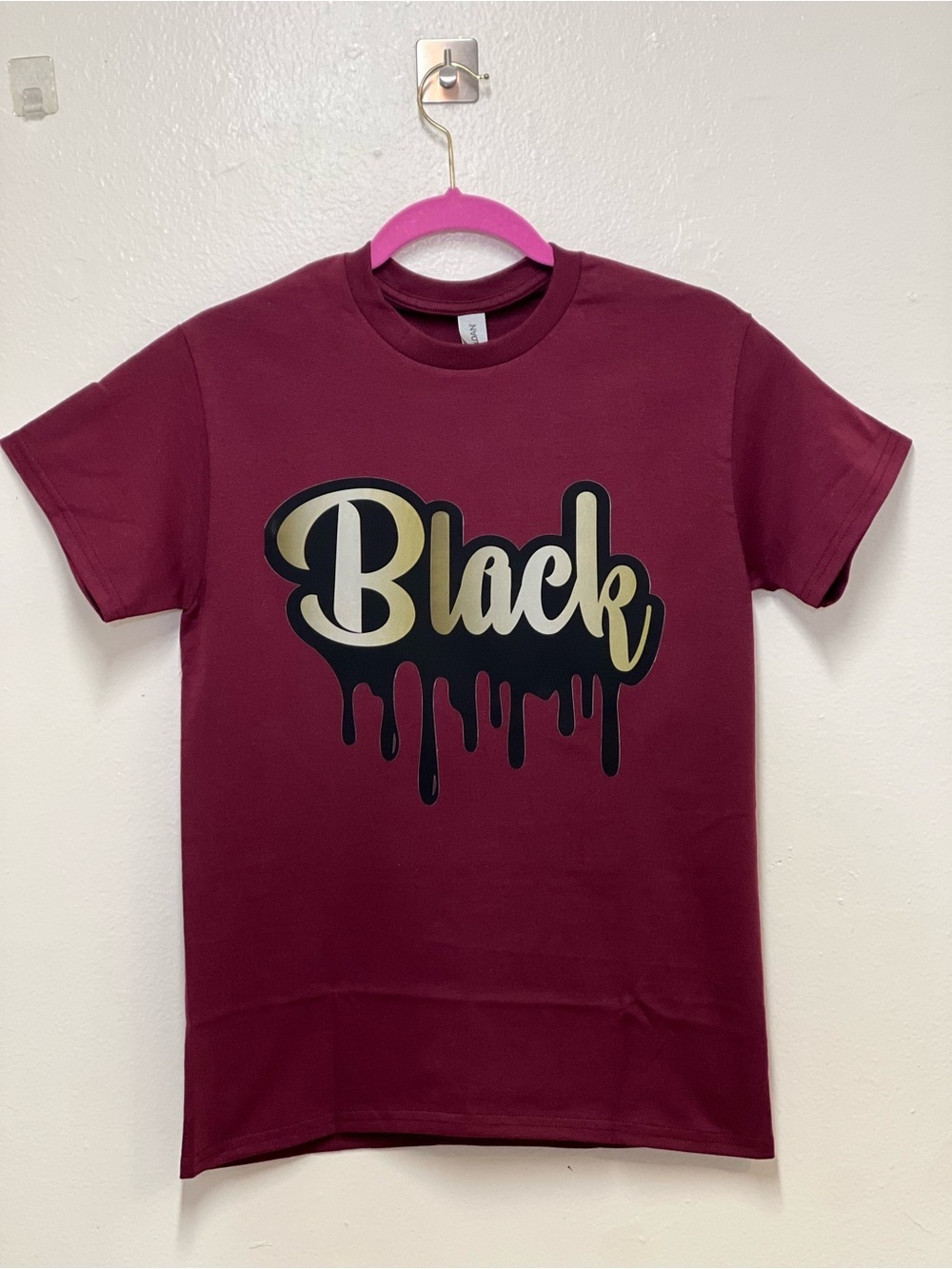 Gildan Maroon Short Sleeve Tee with Black & Gold 'Black' Drip Graphic - Picture 6 of 7
